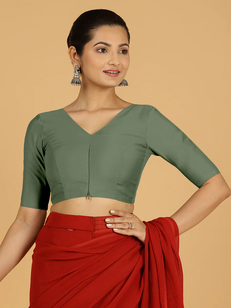 Shabana x Rozaana | Elbow Sleeves Saree Blouse in Hunter Green - Image 9