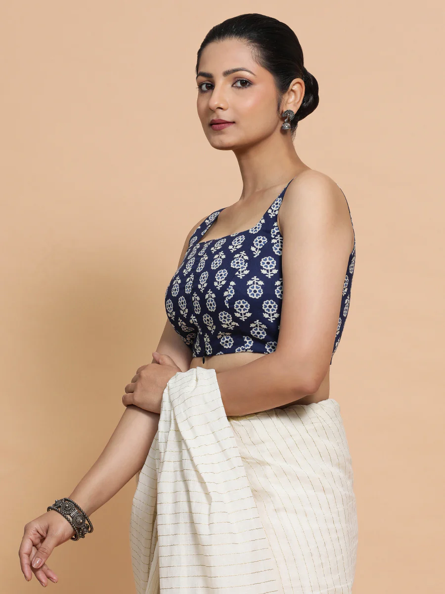 Bina x Rozaana | Sleeveless Cotton Saree Blouse in Indigo Blue Flower Block Print Fabric - Image 5