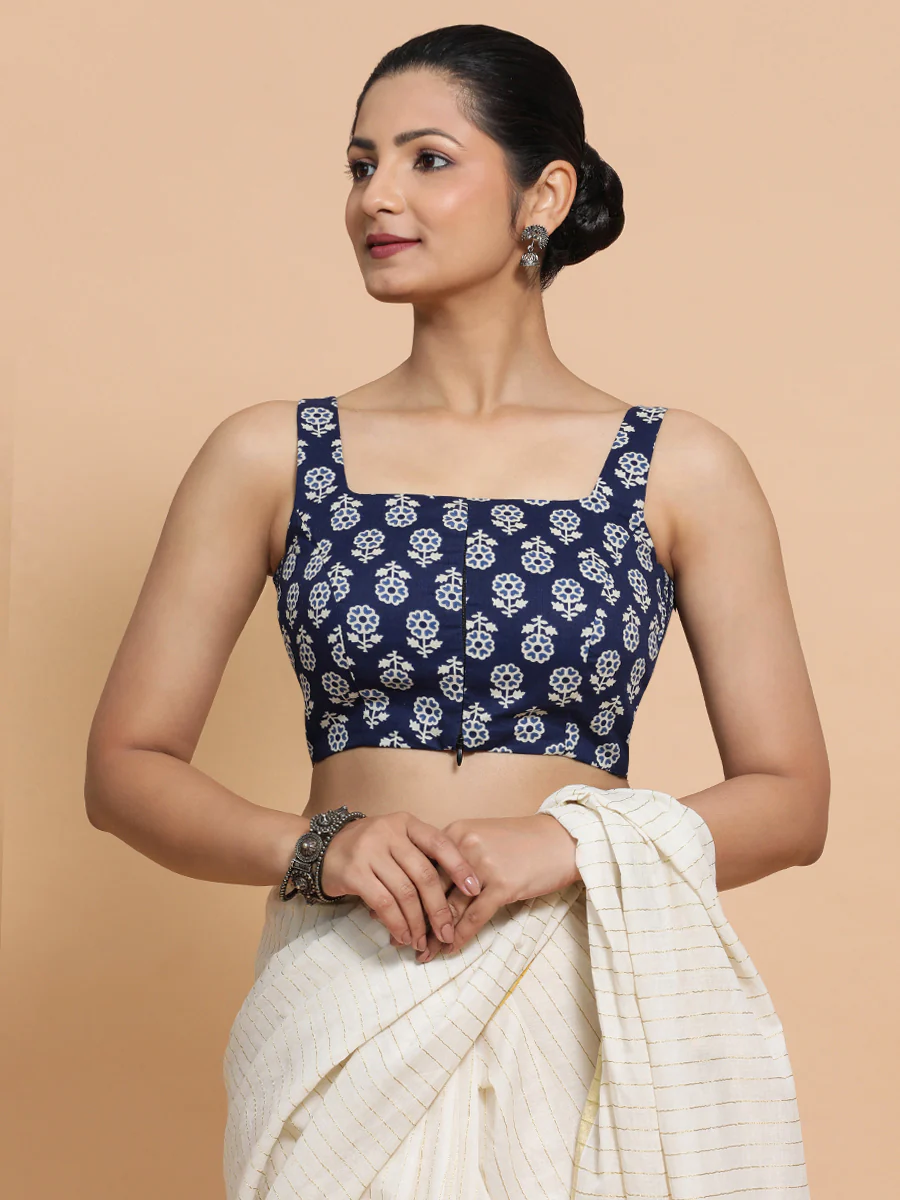 Bina x Rozaana | Sleeveless Cotton Saree Blouse in Indigo Blue Flower Block Print Fabric - Image 6