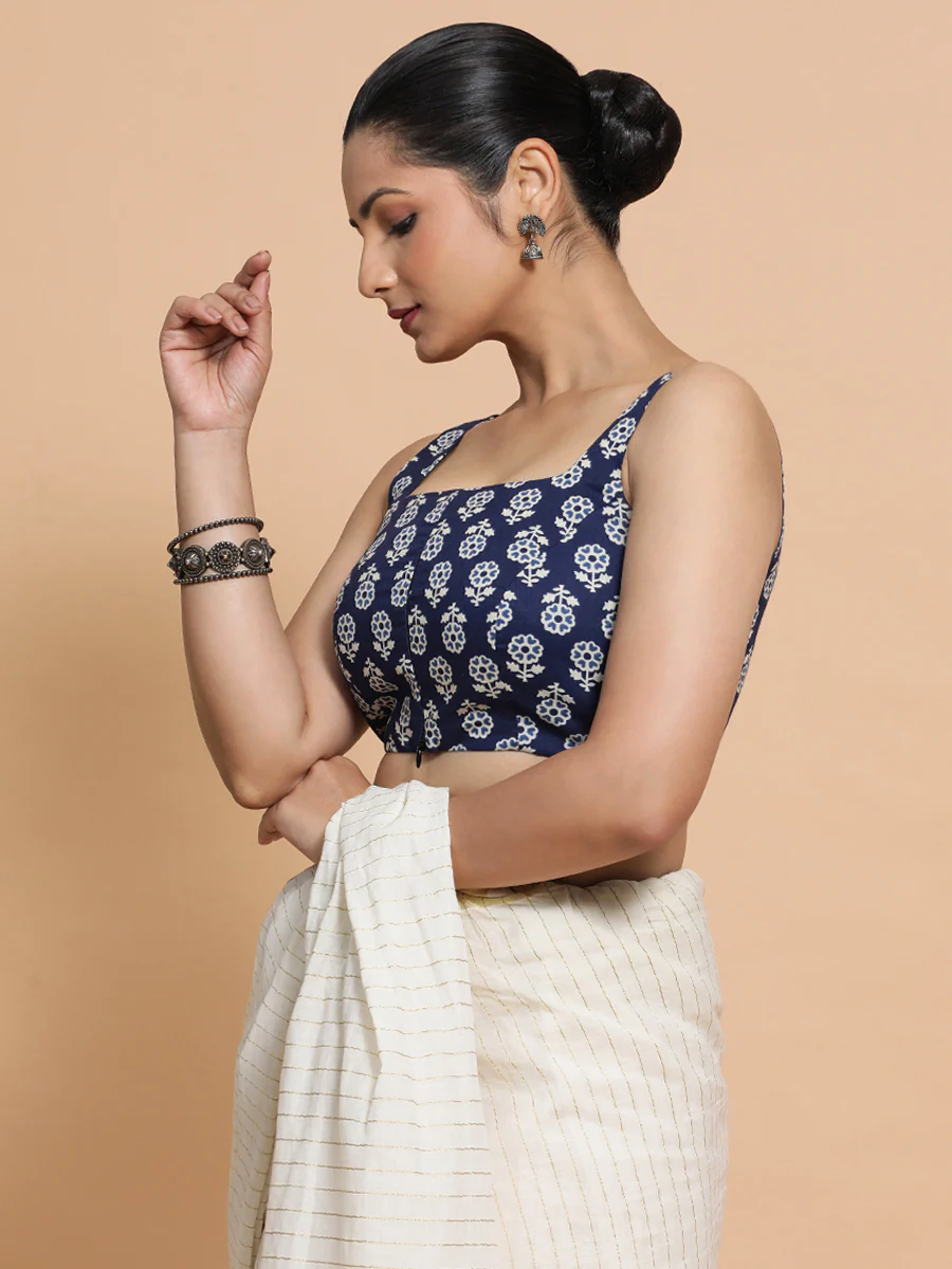 Bina x Rozaana | Sleeveless Cotton Saree Blouse in Indigo Blue Flower Block Print Fabric - Image 8