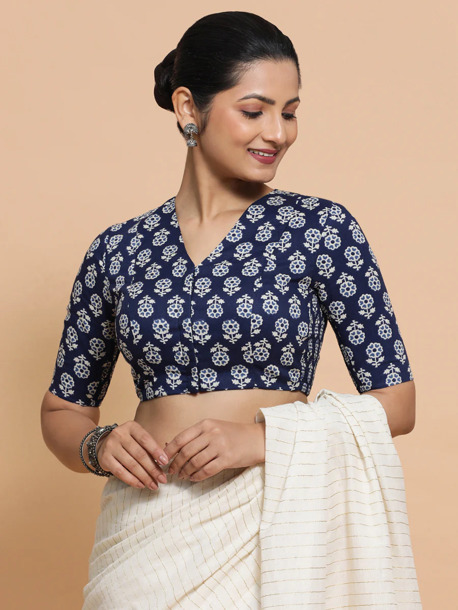 Kirti x Rozaana | Elbow Sleeves Cotton Saree Blouse in Indigo Blue Flower Block Print Fabric - Image 14