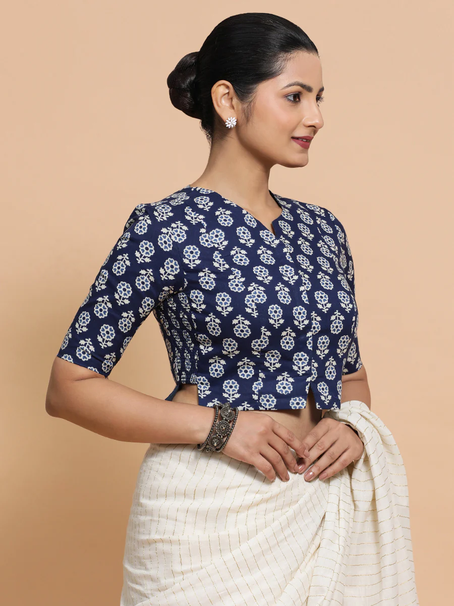 Lekha x Rozaana | Elbow Sleeves Cotton Saree Blouse in Indigo Blue Flower Block Print Fabric - Image 10