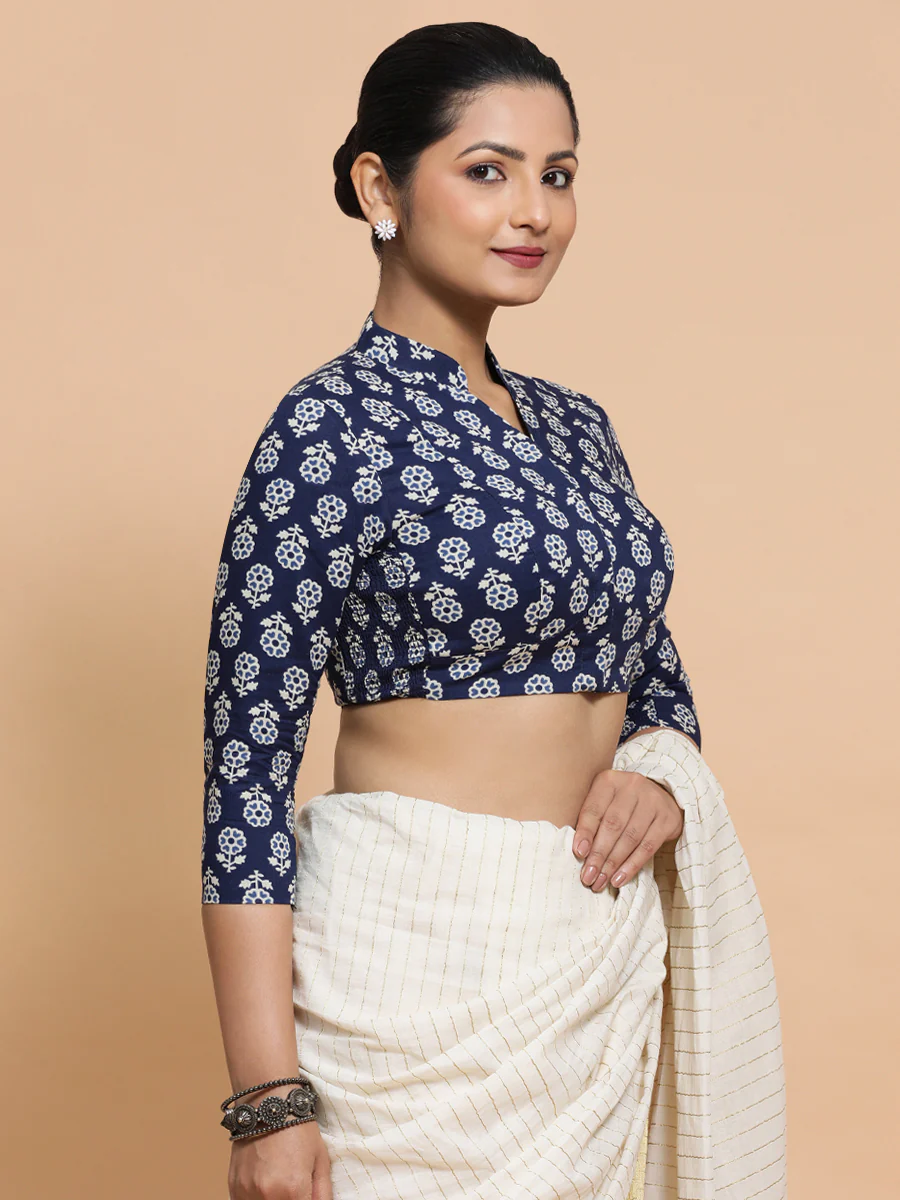 Ura x Rozaana | Three Quarter Sleeves Cotton Saree Blouse in Indigo Blue Flower Block Print Fabric - Image 5