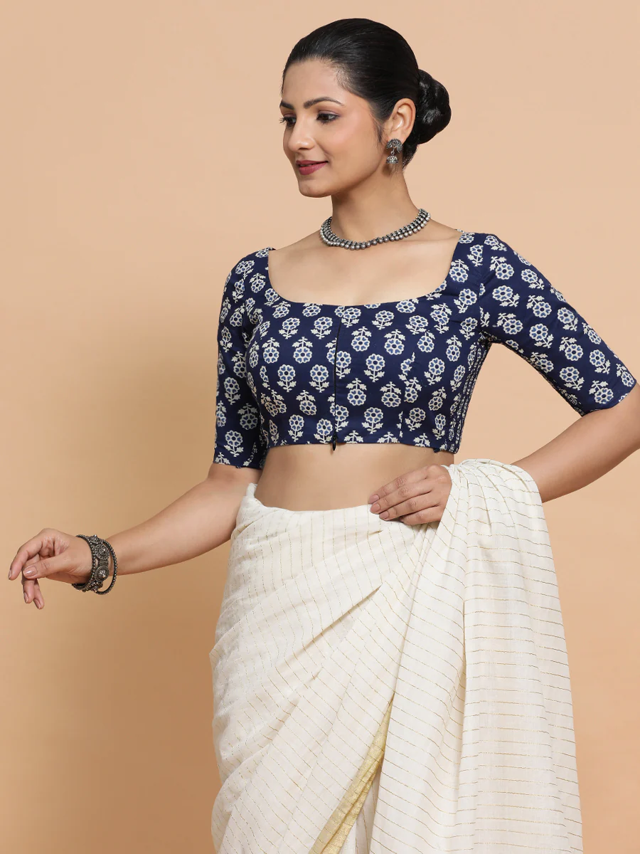 Yukta x Rozaana | Elbow Sleeves Cotton Saree Blouse in Indigo Blue Flower Block Print Fabric - Image 10