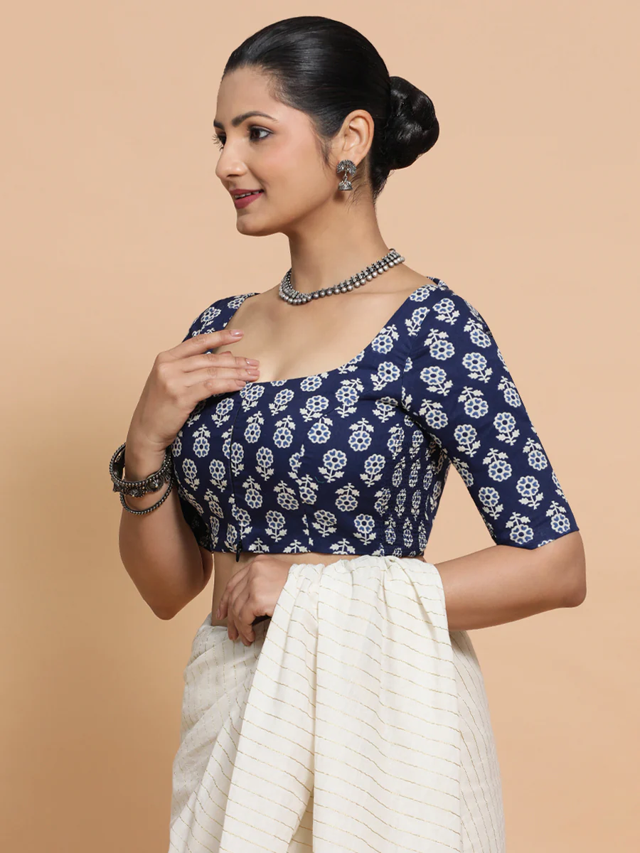 Yukta x Rozaana | Elbow Sleeves Cotton Saree Blouse in Indigo Blue Flower Block Print Fabric - Image 11