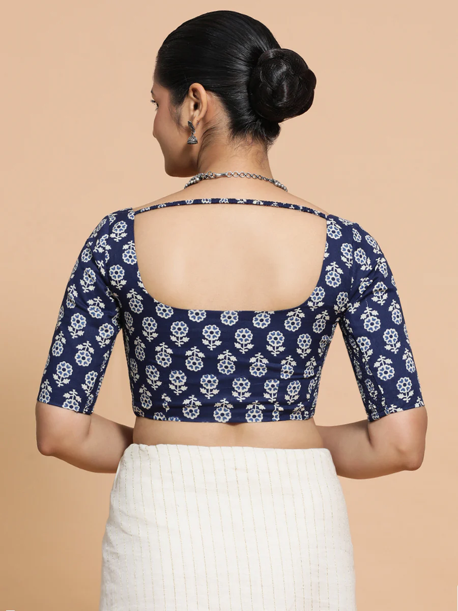 Yukta x Rozaana | Elbow Sleeves Cotton Saree Blouse in Indigo Blue Flower Block Print Fabric - Image 2