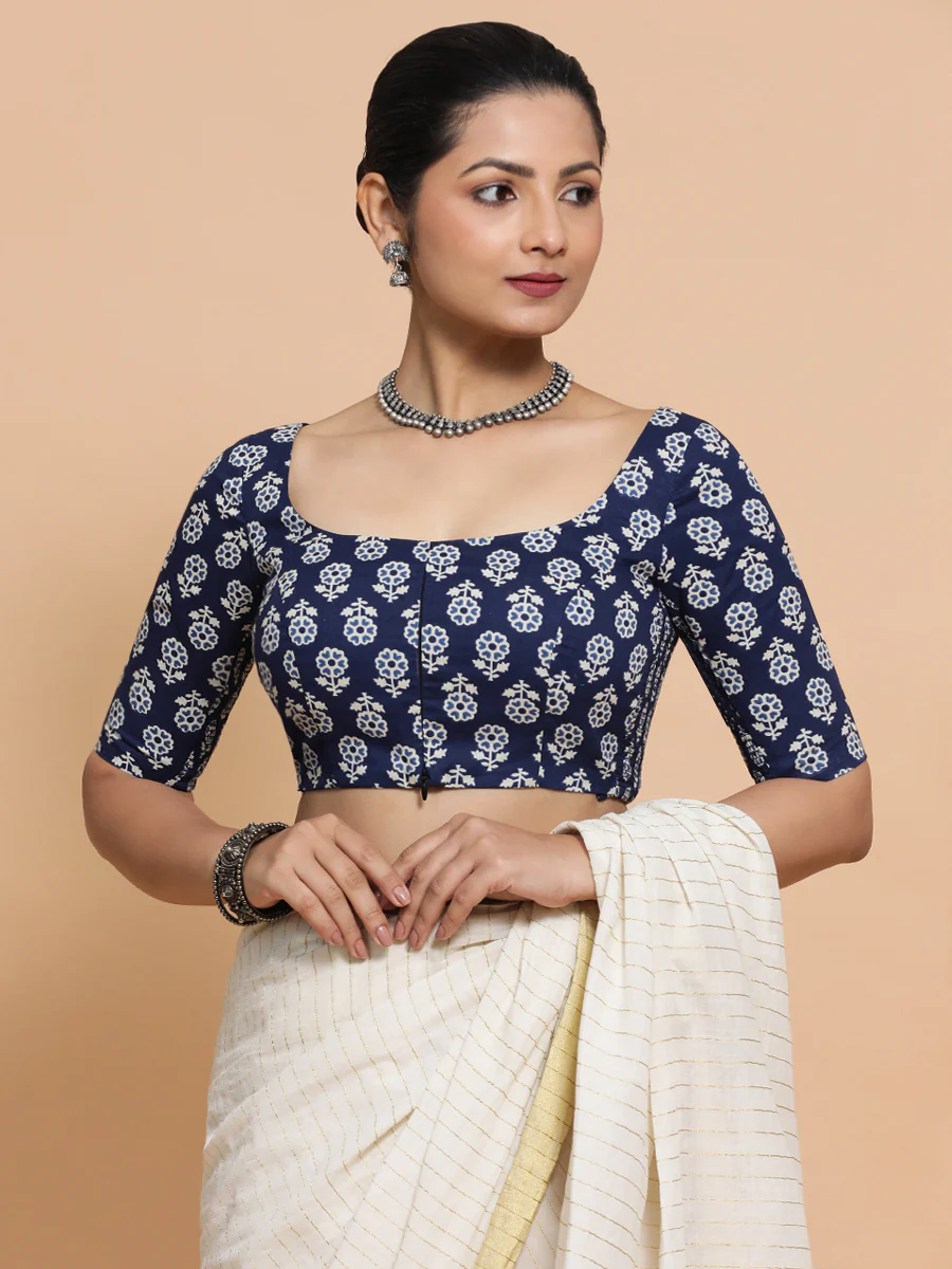 Yukta x Rozaana | Elbow Sleeves Cotton Saree Blouse in Indigo Blue Flower Block Print Fabric - Image 9