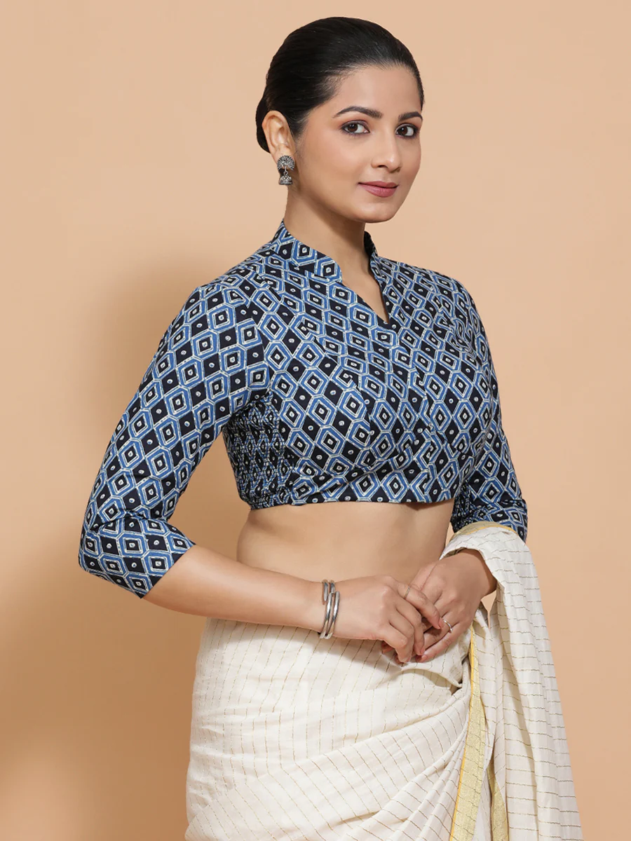 Bhumika x Rozaana | Three Quarter Sleeves Cotton Saree Blouse in Indigo Blue Geometric Block Print Fabric - Image 8