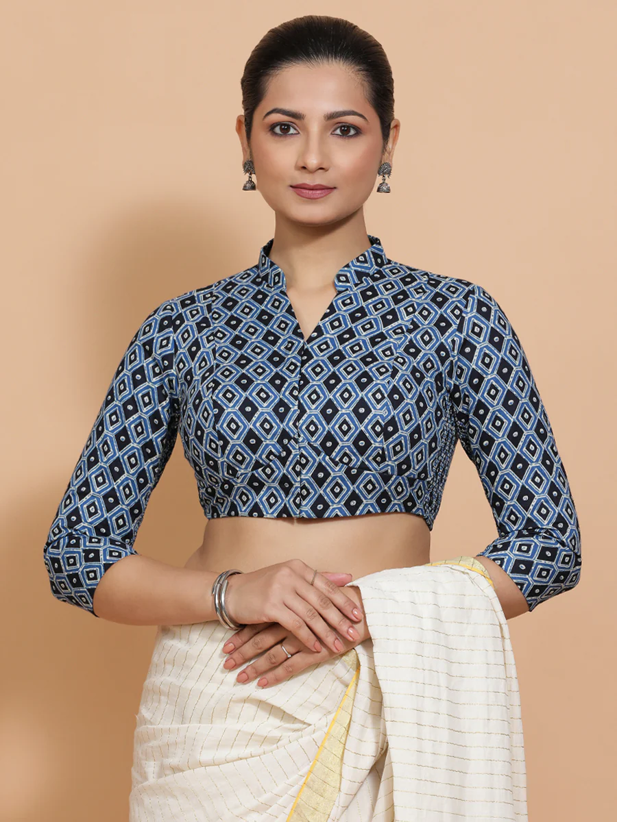 Bhumika x Rozaana | Three Quarter Sleeves Cotton Saree Blouse in Indigo Blue Geometric Block Print Fabric - Image 9