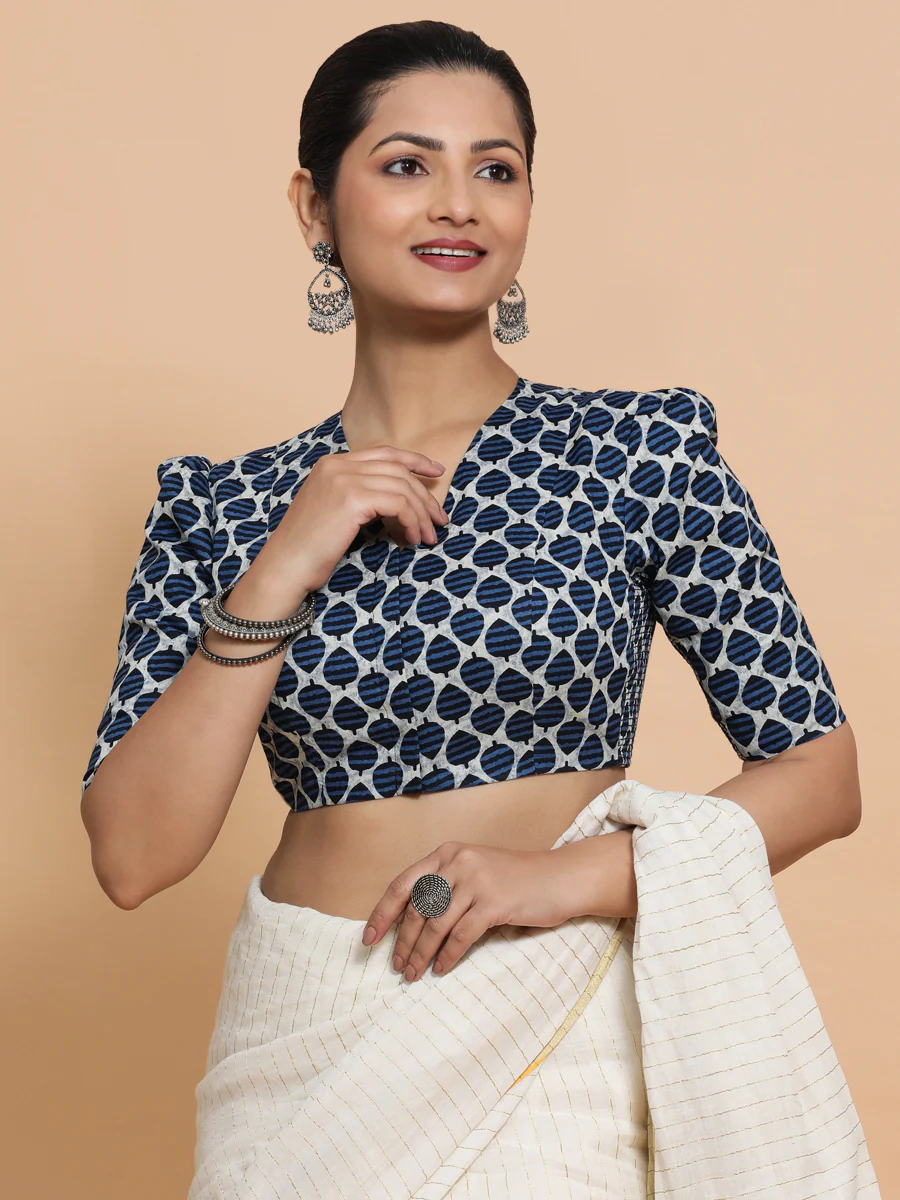 Payal x Rozaana | Elbow Sleeves Cotton Saree Blouse in Indigo Blue Leaf Block Print Fabric - Image 10