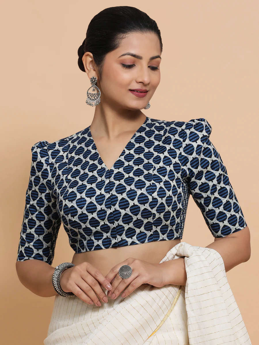 Payal x Rozaana | Elbow Sleeves Cotton Saree Blouse in Indigo Blue Leaf Block Print Fabric - Image 9