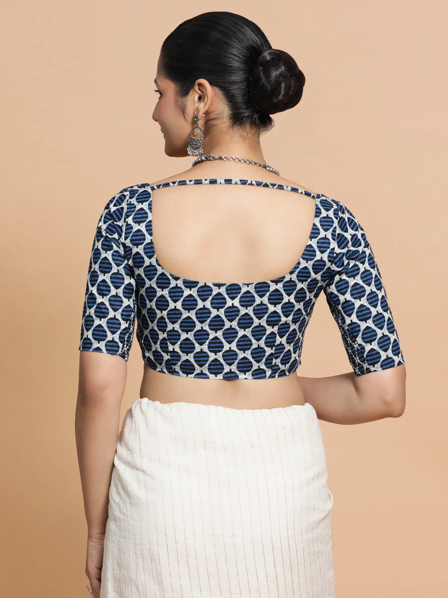 Vidhi x Rozaana | Elbow Sleeves Cotton Saree Blouse in Indigo Blue Leaf Block Print Fabric - Image 2