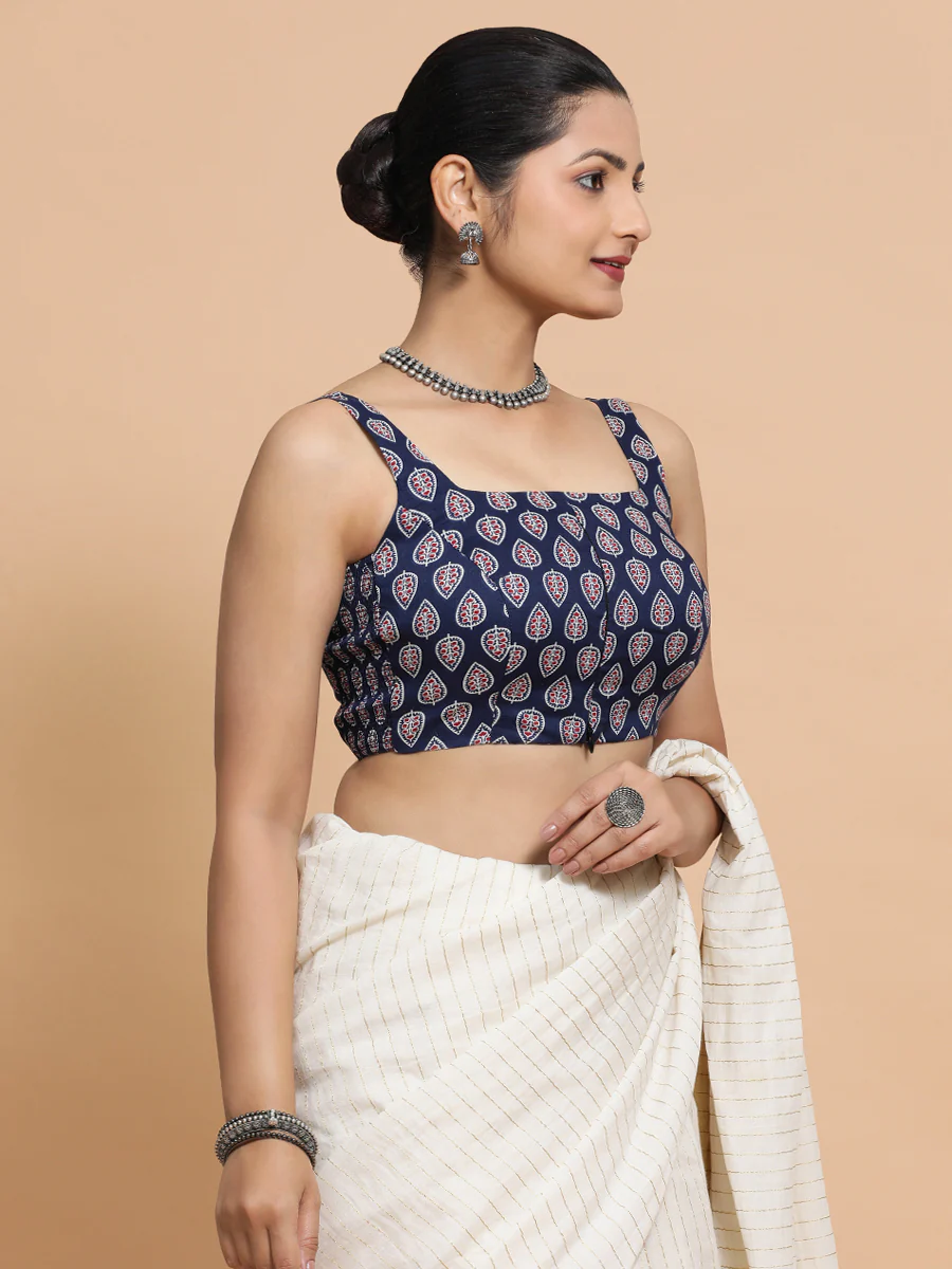 Ekta x Rozaana | Sleeveless Cotton Saree Blouse in Indigo Blue Spade Block Print Fabric - Image 10