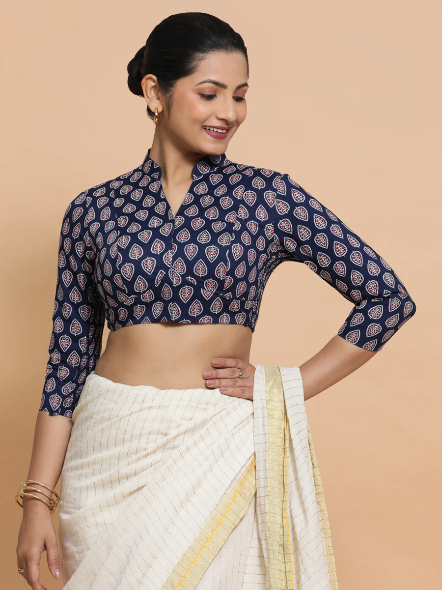 Nehal x Rozaana | Three Quarter Sleeves Cotton Saree Blouse in Indigo Blue Spade Block Print Fabric - Image 6