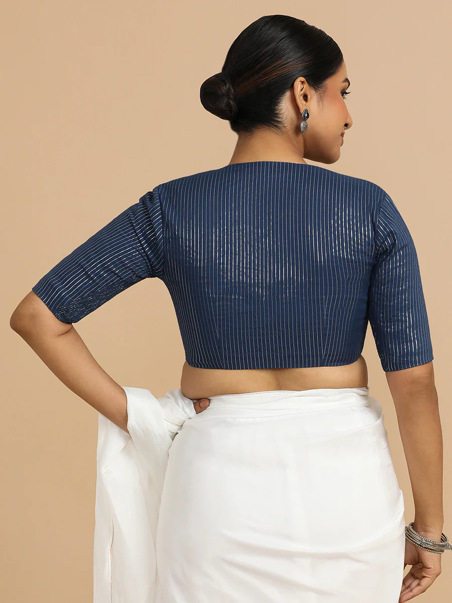 Kaveri x Rozaana | Elbow Sleeves Saree Blouse in Indigo Silver Stripe Cotton - Image 2