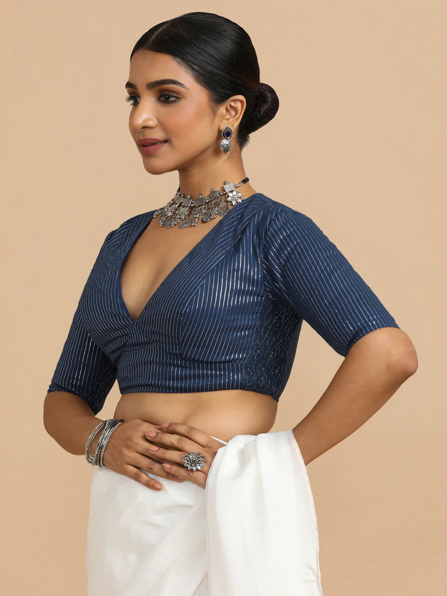 Natasha x Rozaana | Elbow Sleeves Saree Blouse in Indigo Silver Stripe Cotton - Image 8