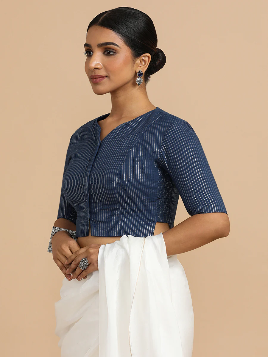 Rashi x Rozaana | Elbow Sleeves Saree Blouse in Indigo Silver Stripe Cotton - Image 7