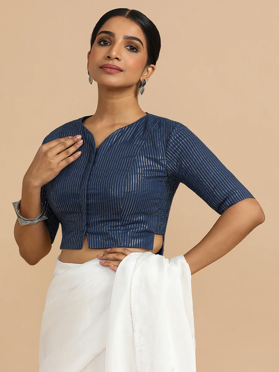 Rashi x Rozaana | Elbow Sleeves Saree Blouse in Indigo Silver Stripe Cotton - Image 9