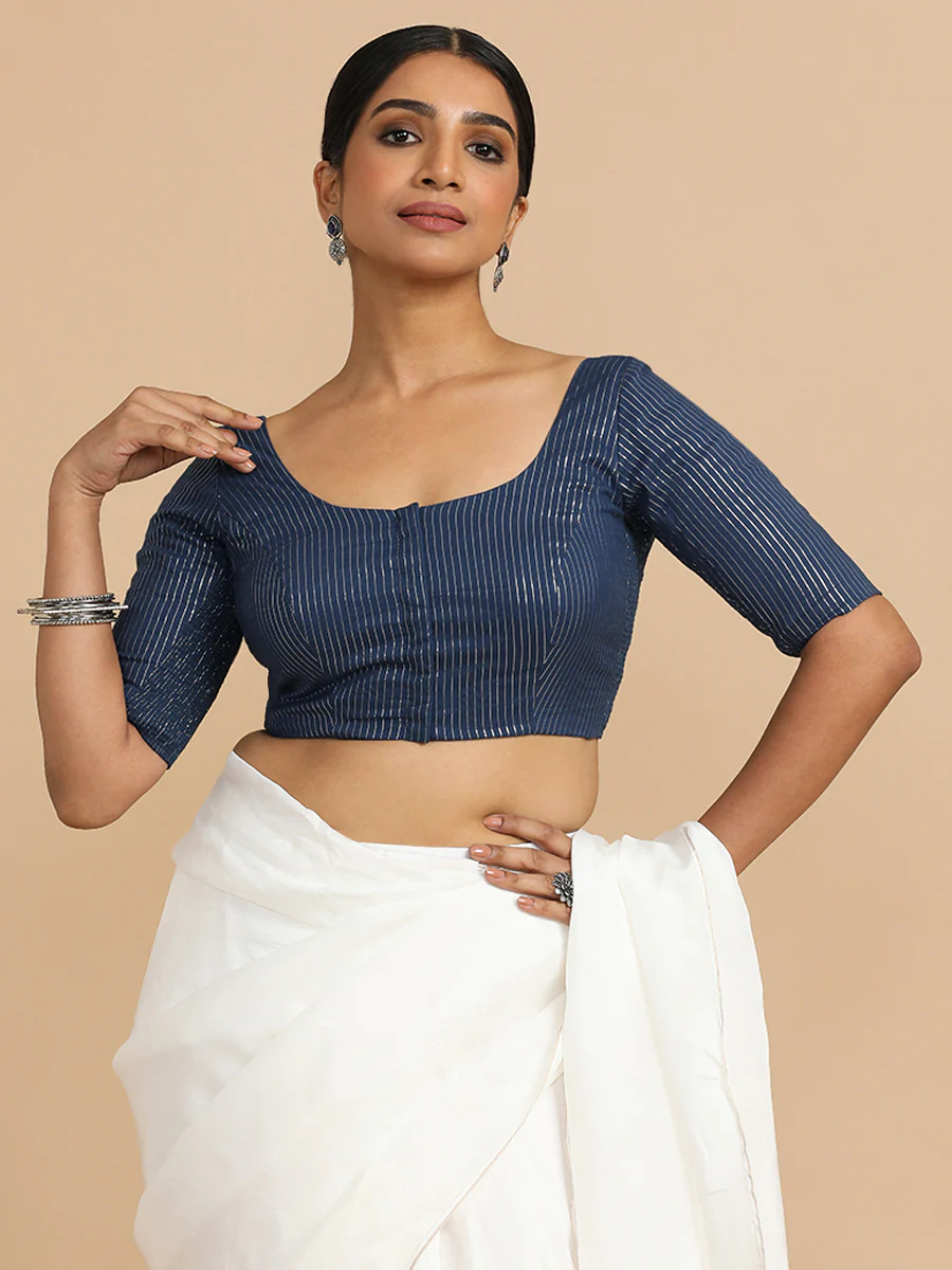 Sonal x Rozaana | Elbow Sleeves Saree Blouse in Indigo Silver Stripe Cotton - Image 8