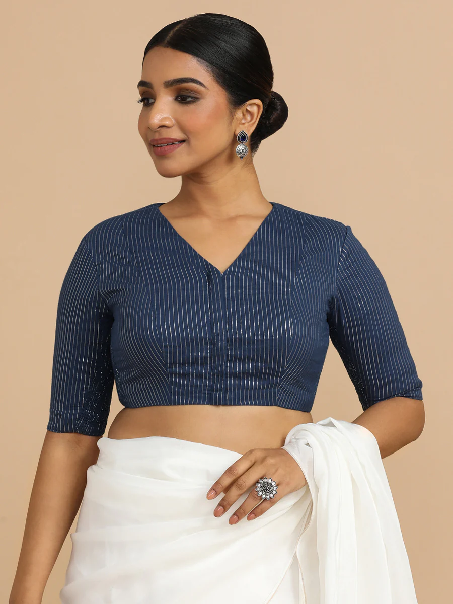 Utsa x Rozaana | Elbow Sleeves Saree Blouse in Indigo Silver Stripe Cotton