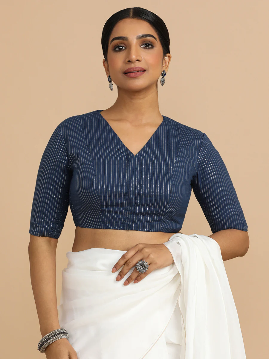 Utsa x Rozaana | Elbow Sleeves Saree Blouse in Indigo Silver Stripe Cotton - Image 12
