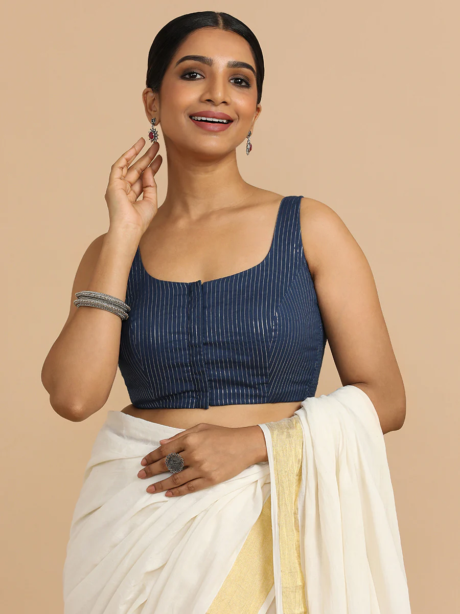 Vinita x Rozaana | Sleeveless Saree Blouse in Indigo Silver Stripe Cotton - Image 10