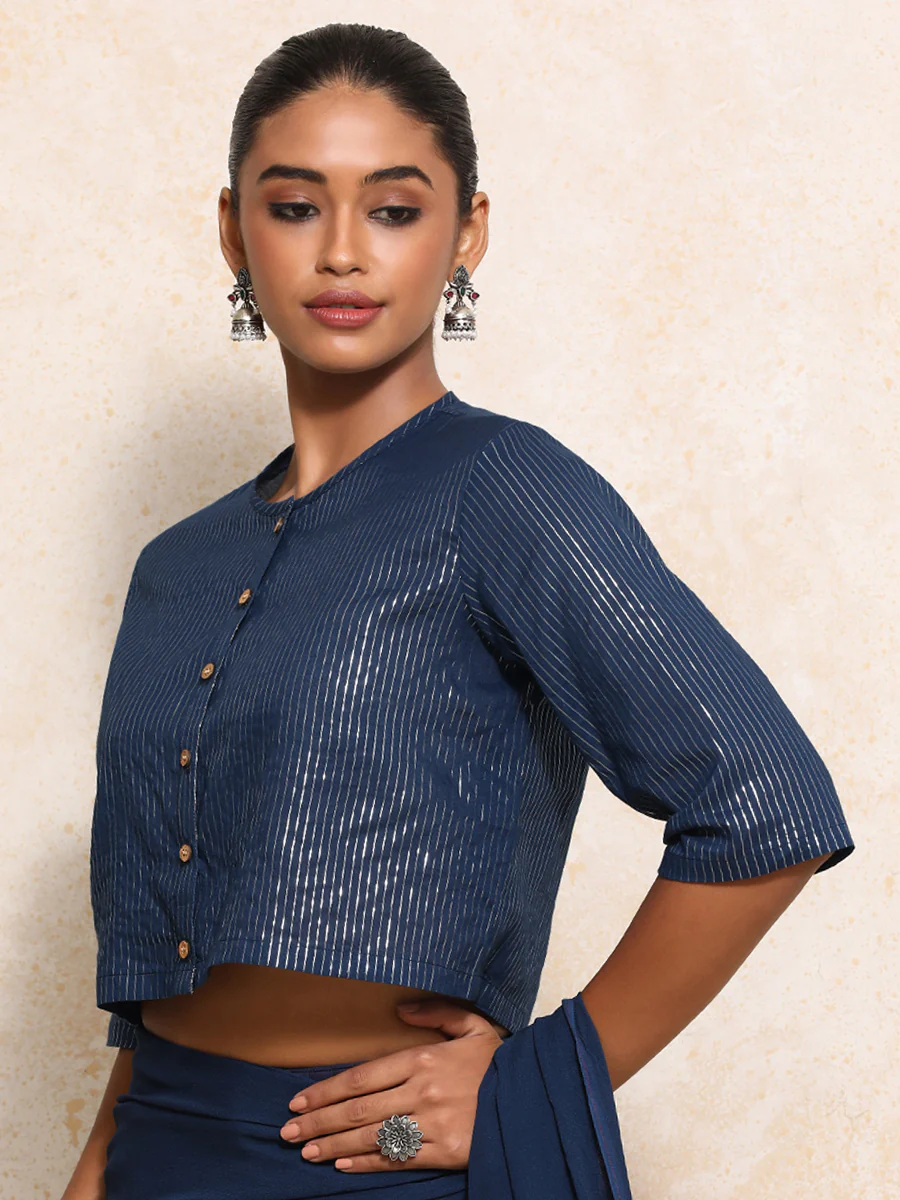 Parvati x Tyohaar | Elbow Sleeves Saree Blouse in Indigo Silver Stripe Cotton - Image 7