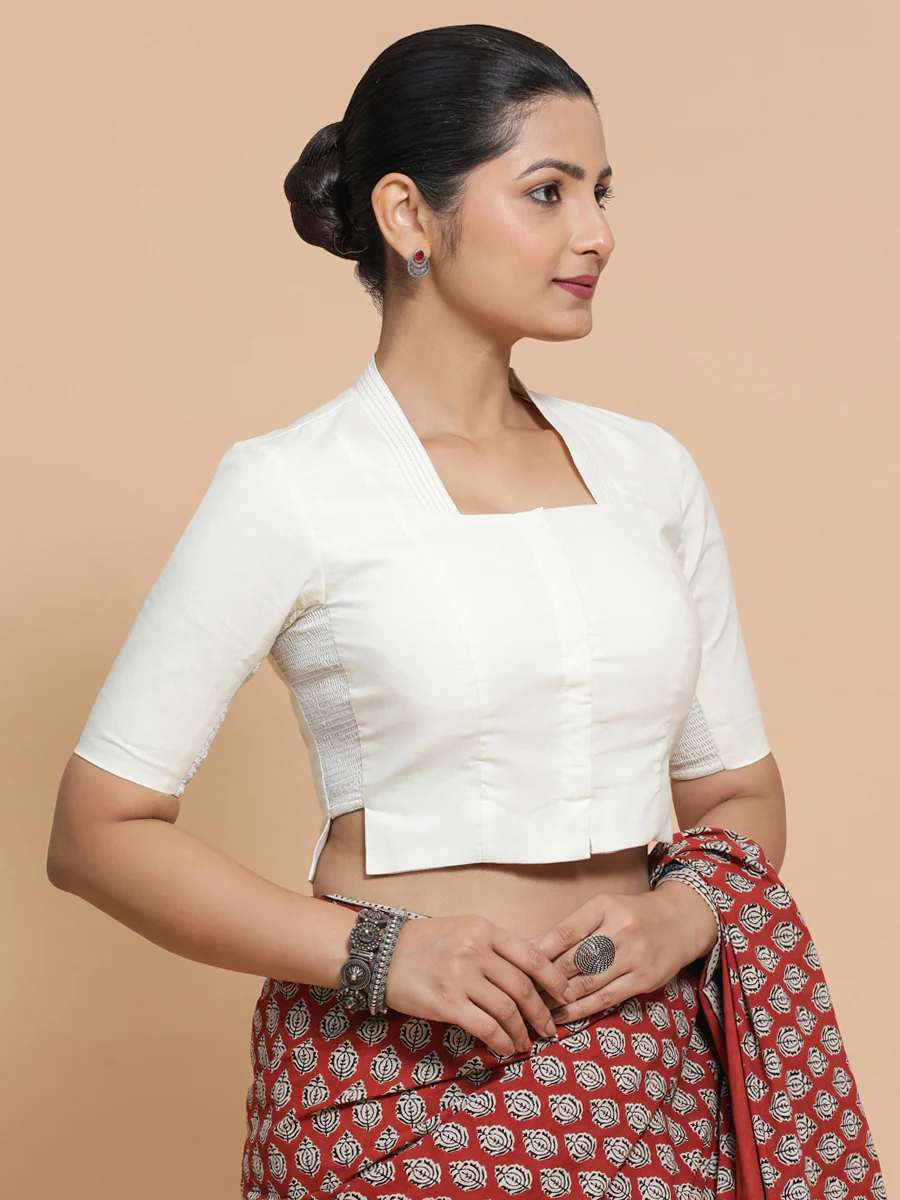 Ganga x Rozaana | Stylised Neck Ivory Mist Plain Cotton Saree Blouse - Image 10