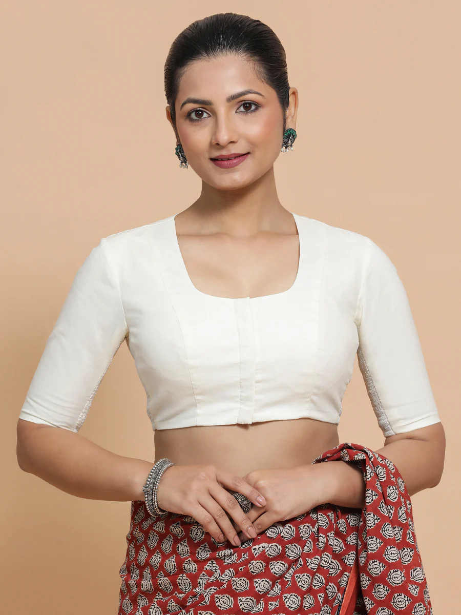 Koel x Rozaana | Round Neck Ivory Mist Plain Cotton Saree Blouse - Image 8