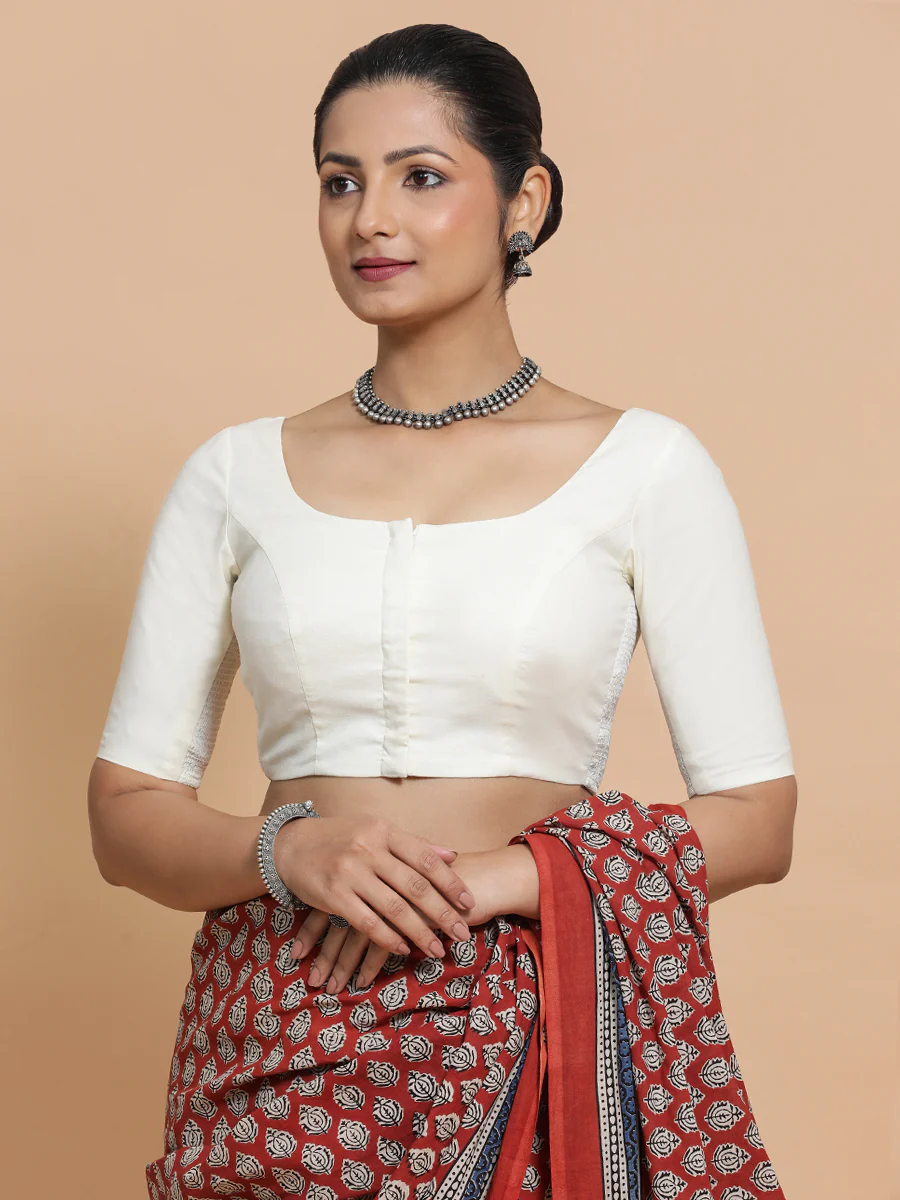 Lahari x Rozaana | Round Neck Ivory Mist Plain Cotton Saree Blouse - Image 10
