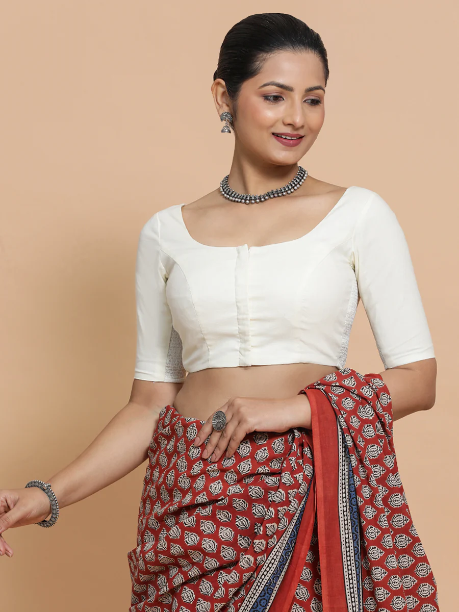 Lahari x Rozaana | Round Neck Ivory Mist Plain Cotton Saree Blouse - Image 9