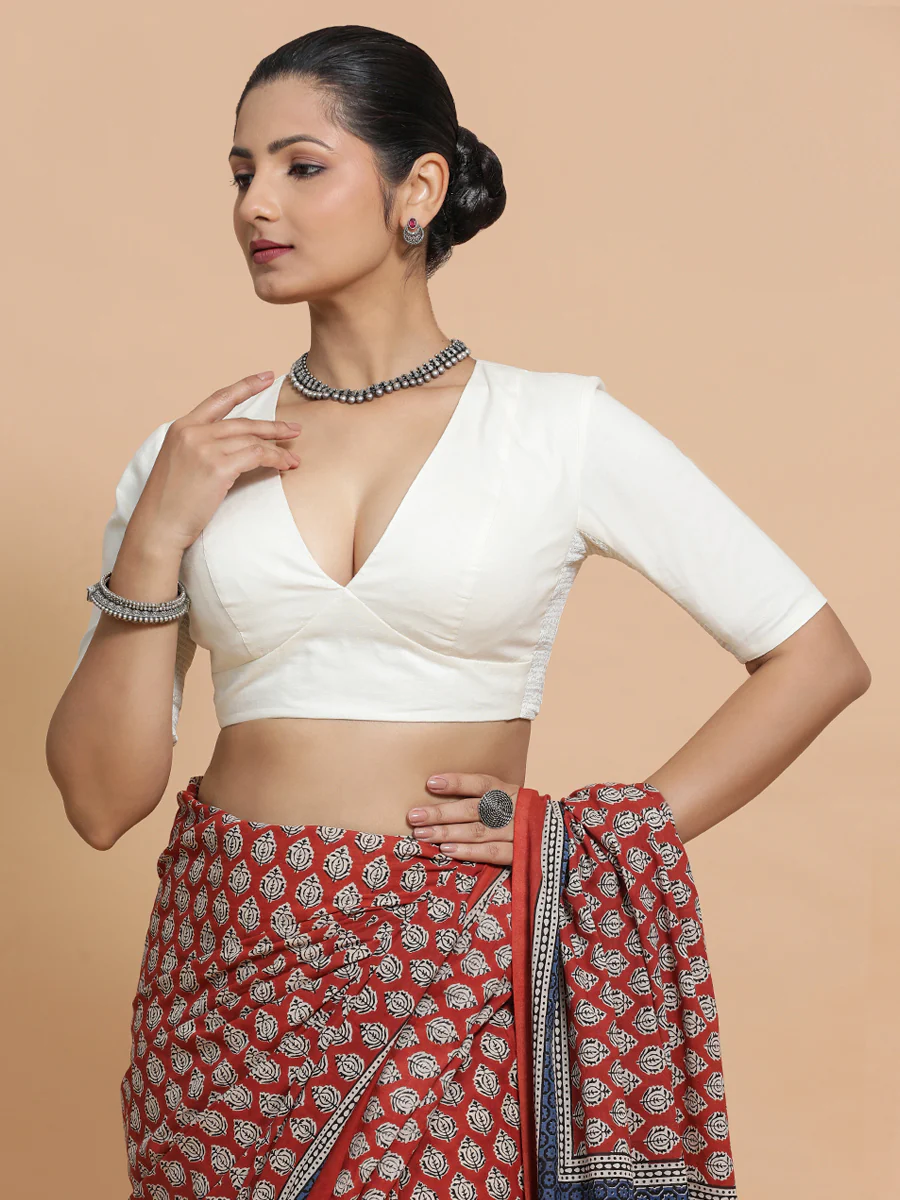 Riddhima x Rozaana | V-Neck Ivory Mist Plain Cotton Saree Blouse - Image 10