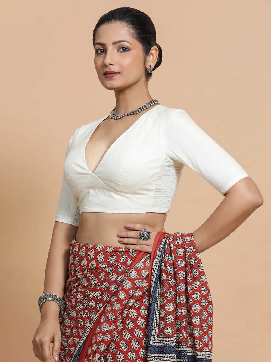 Riddhima x Rozaana | V-Neck Ivory Mist Plain Cotton Saree Blouse - Image 8