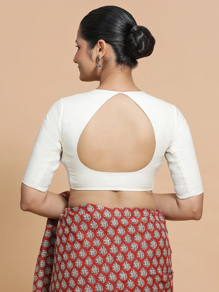 Sajal x Rozaana | Pot Neck Ivory Mist Plain Cotton Saree Blouse - Image 2