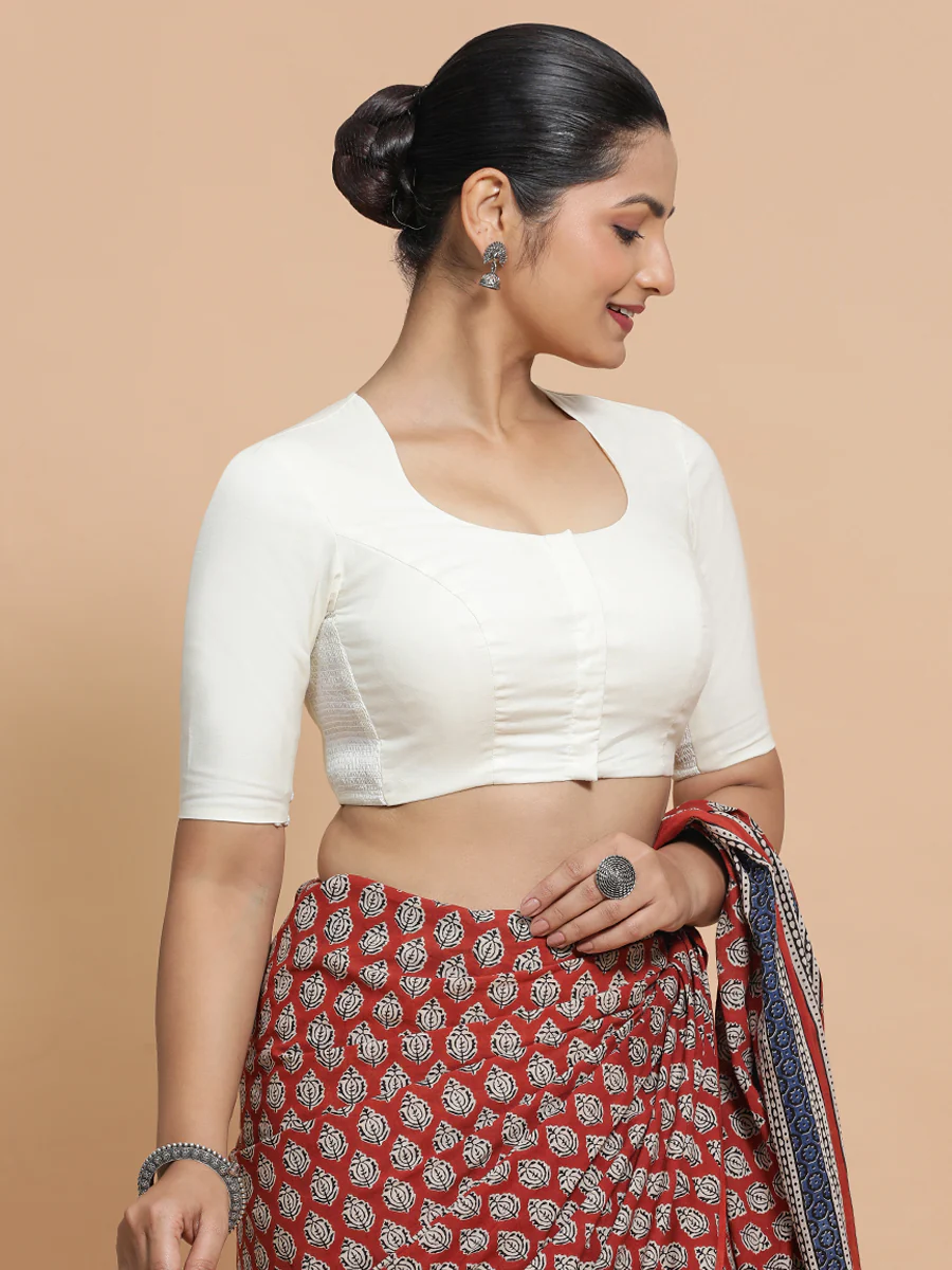 Sajal x Rozaana | Pot Neck Ivory Mist Plain Cotton Saree Blouse - Image 7