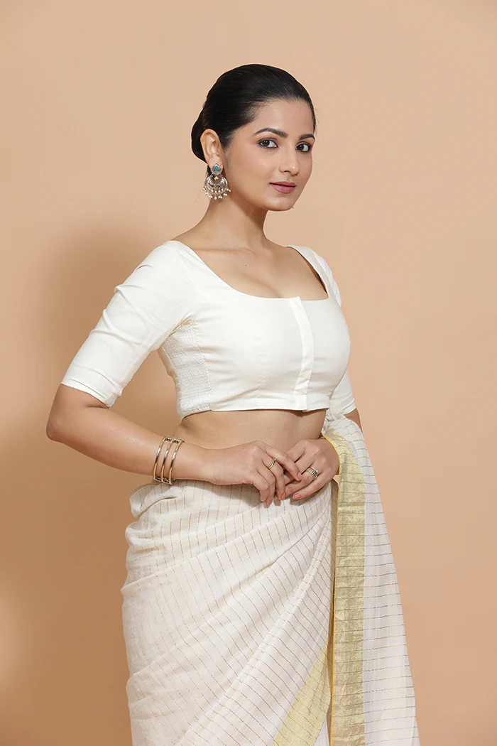 Vritika x Rozaana | Scoop Neck Ivory Mist Plain Cotton Saree Blouse - Image 6