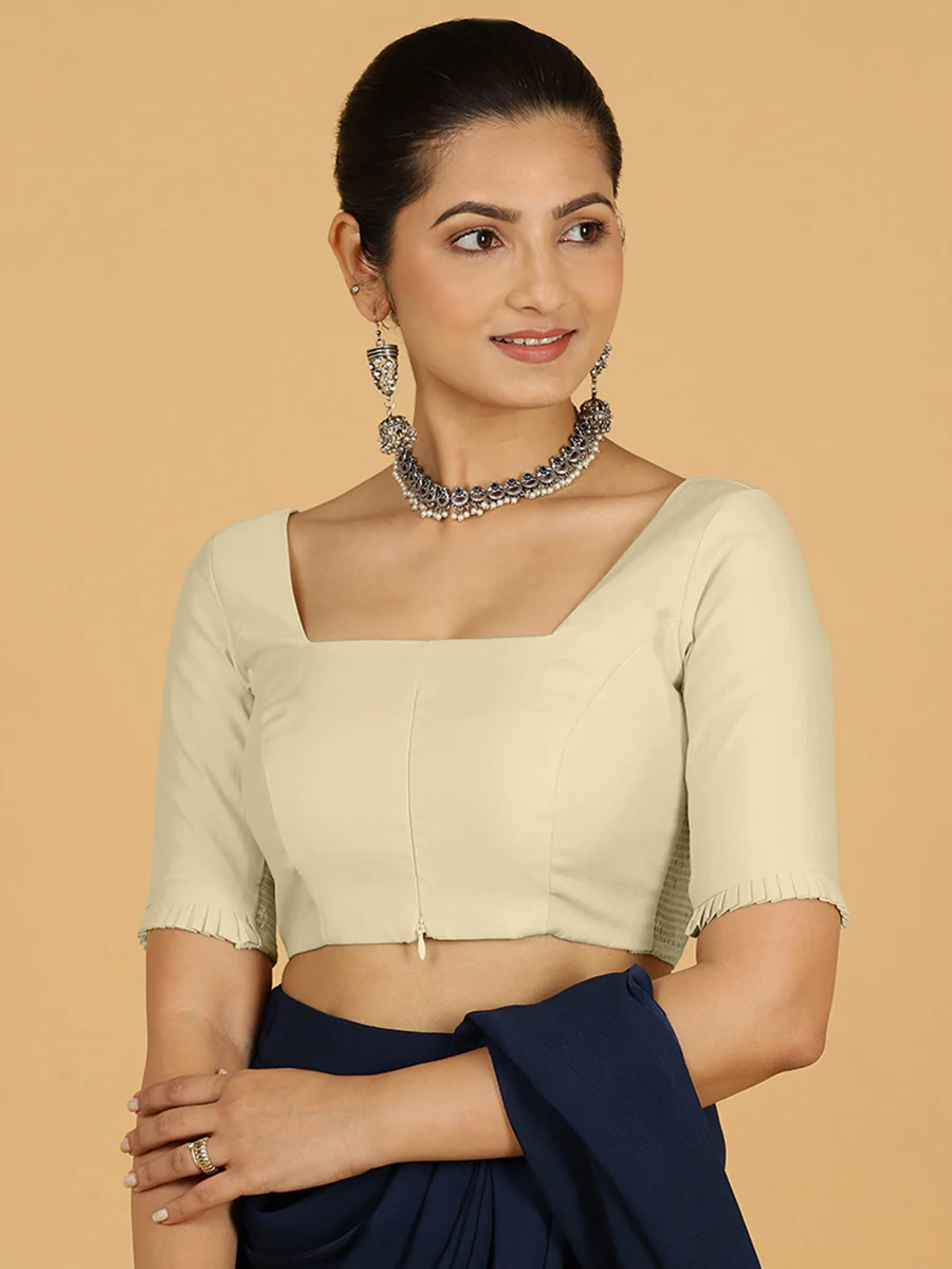 Nihira x Rozaana | Elbow Sleeves Saree Blouse in Ivory - Image 12