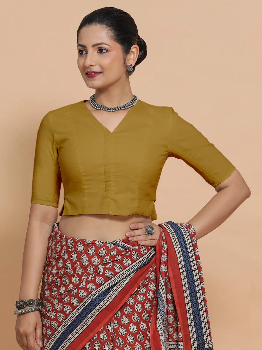 Chaya x Rozaana | V-Neck Khaki Plain Cotton Saree Blouse - Image 6