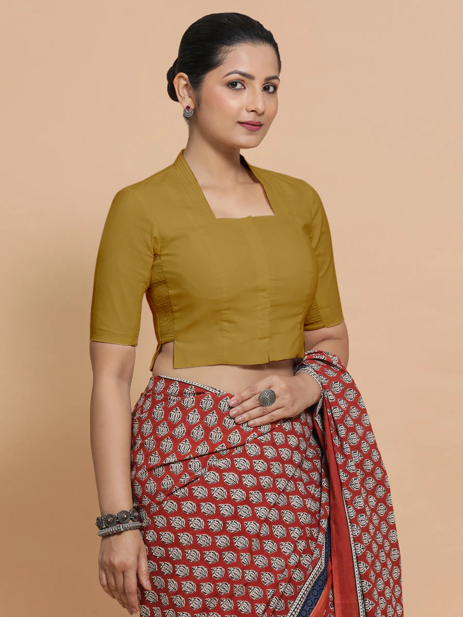 Ganga x Rozaana | Stylised Neck Khaki Plain Cotton Saree Blouse - Image 7