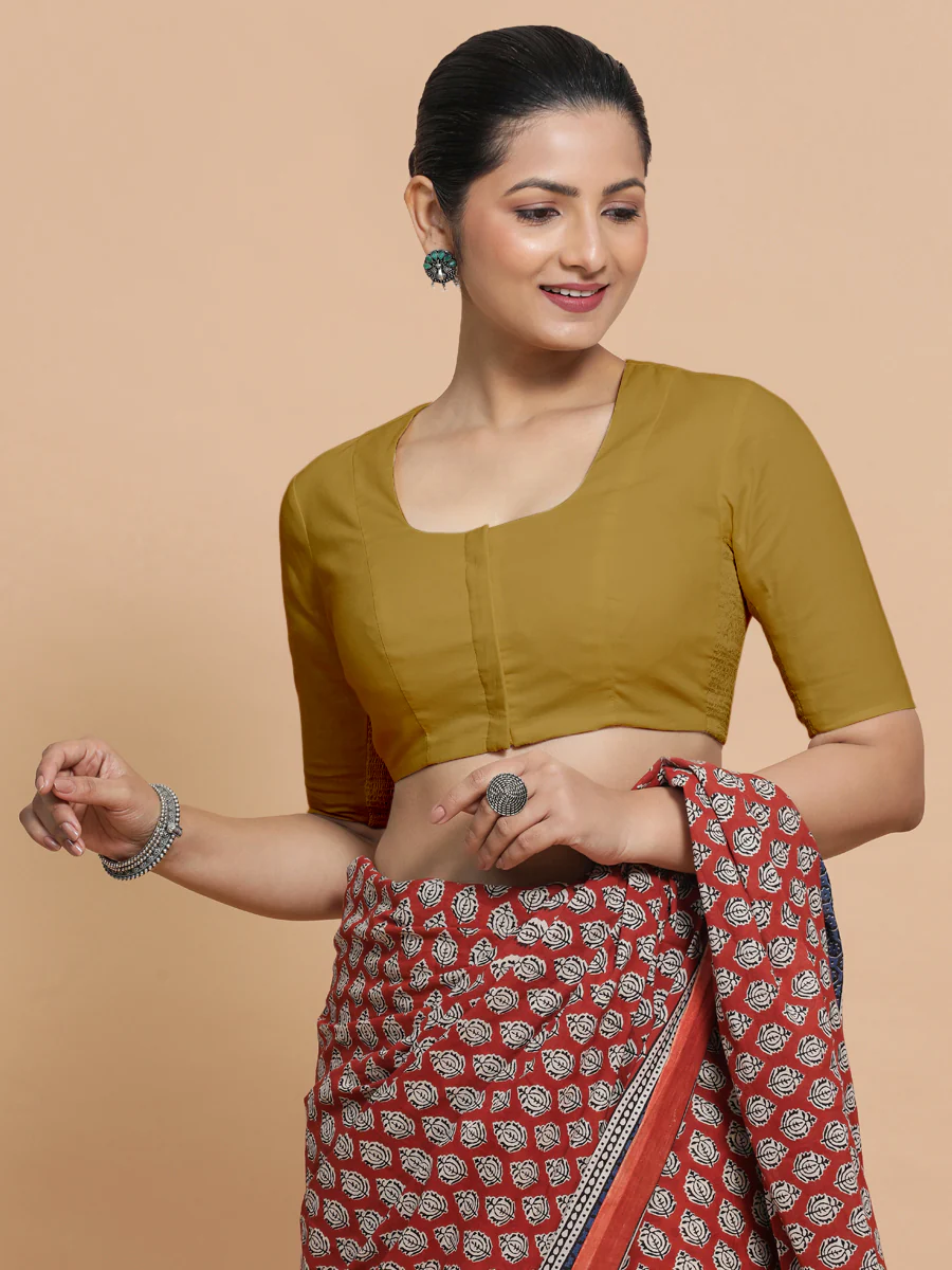 Koel x Rozaana | Round Neck Khaki Plain Cotton Saree Blouse - Image 10