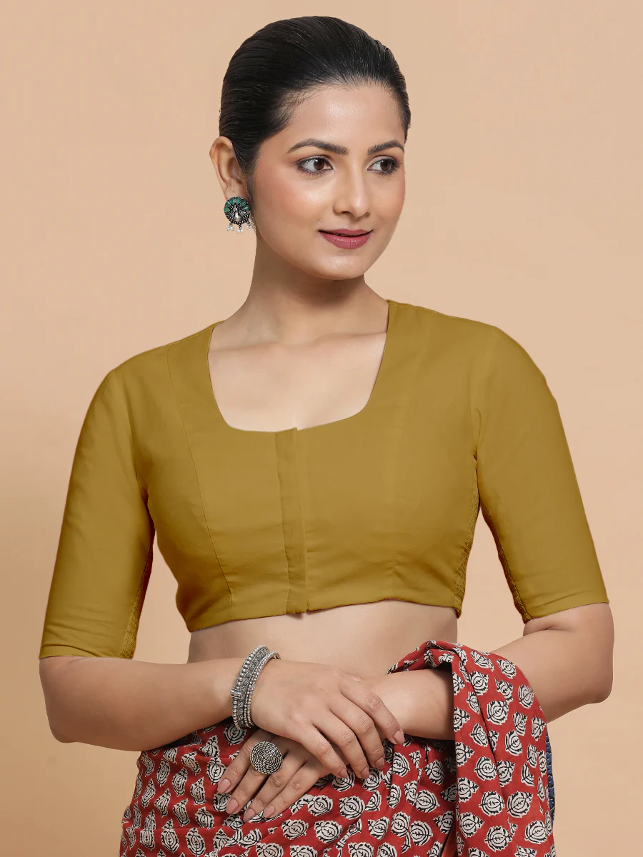 Koel x Rozaana | Round Neck Khaki Plain Cotton Saree Blouse - Image 12