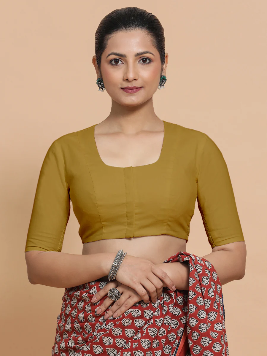 Koel x Rozaana | Round Neck Khaki Plain Cotton Saree Blouse - Image 6