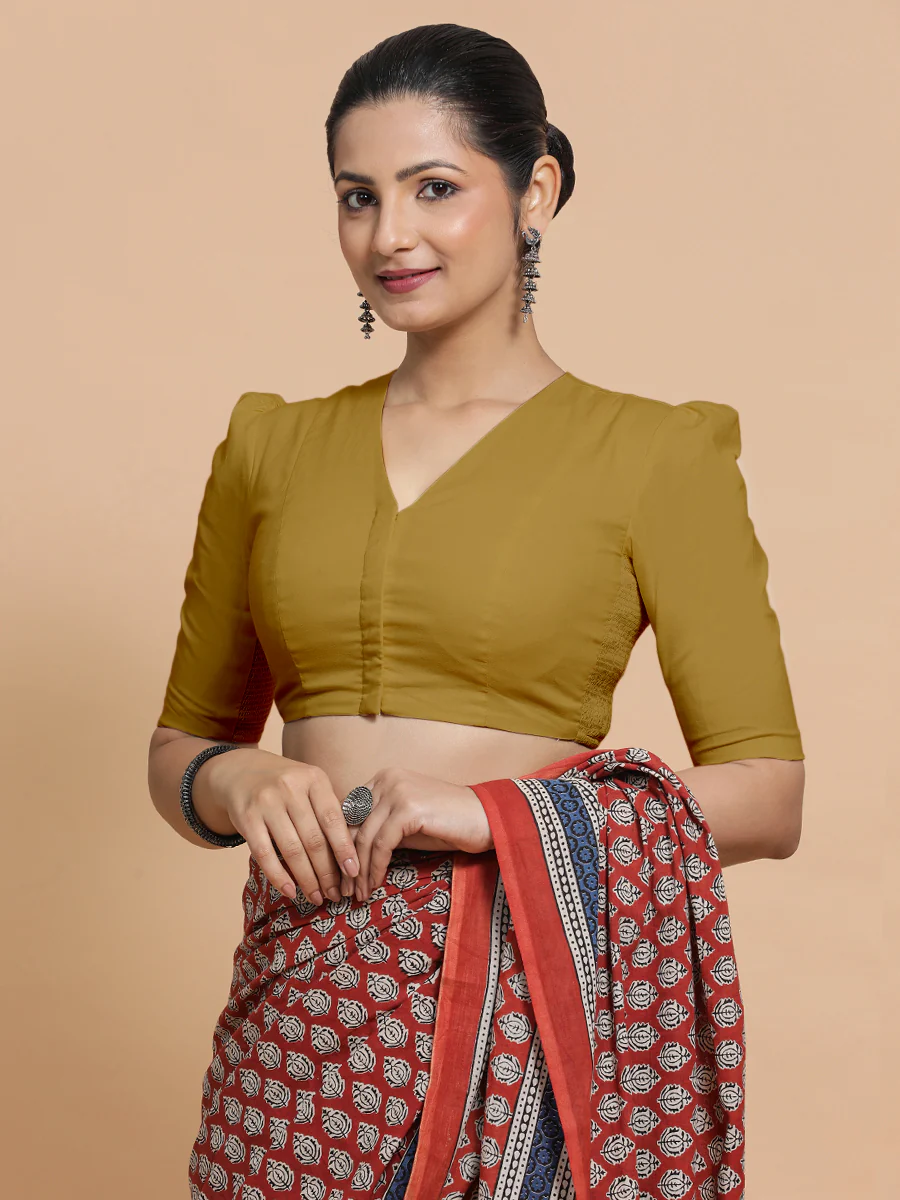 Kriti x Rozaana | V-Neck Khaki Plain Cotton Saree Blouse