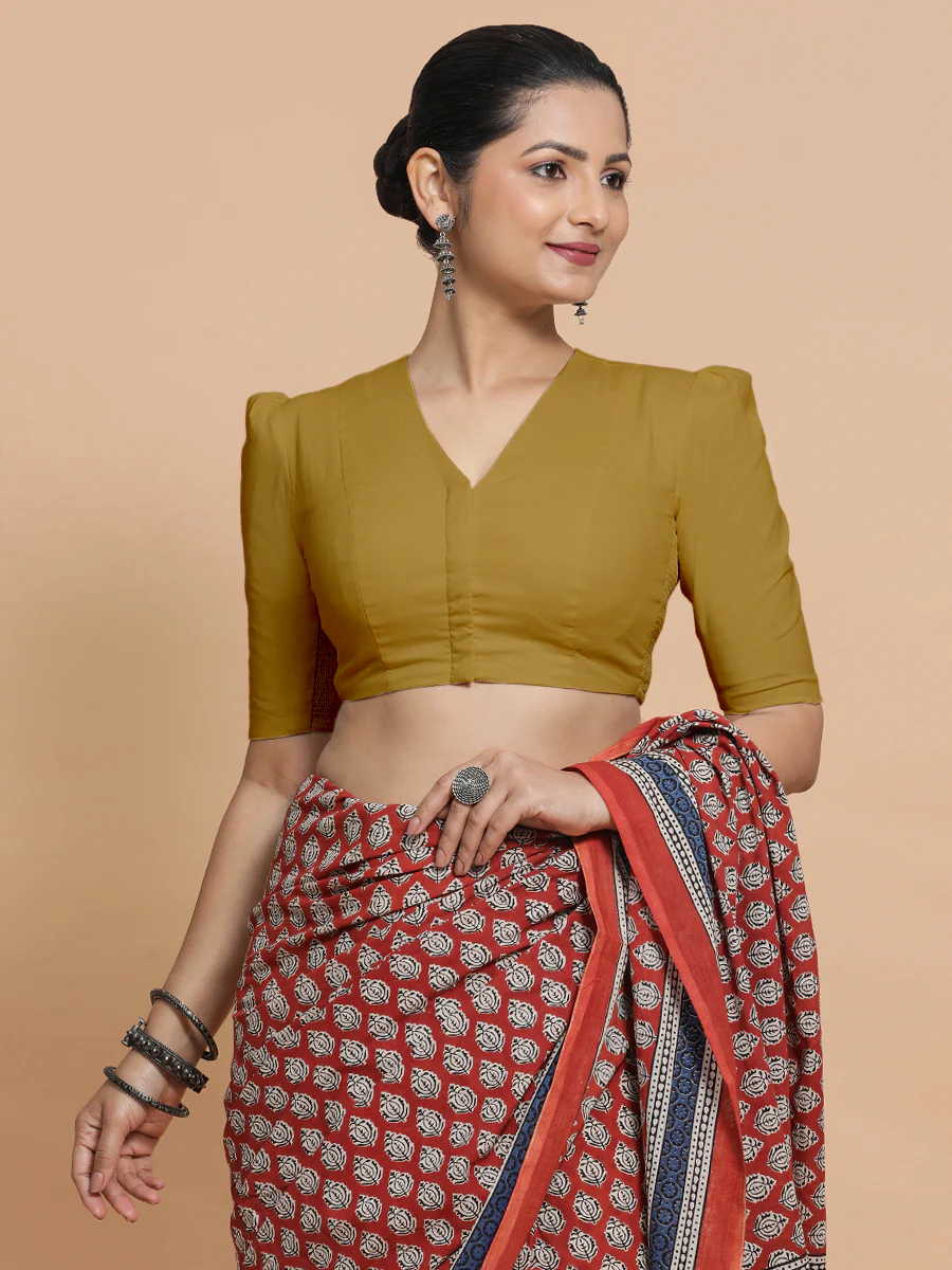 Kriti x Rozaana | V-Neck Khaki Plain Cotton Saree Blouse - Image 9