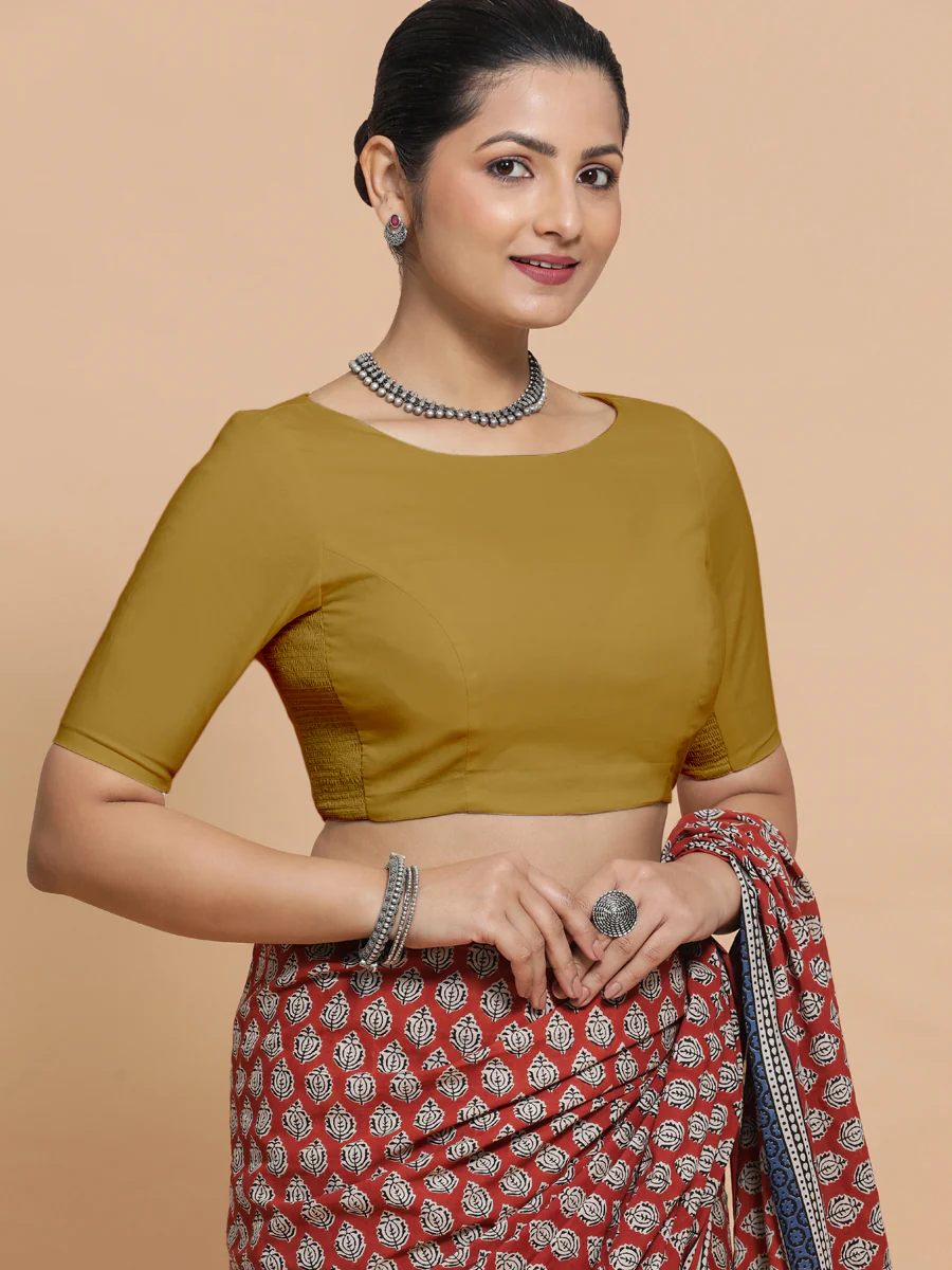 Kumud x Rozaana | Boat Neck Khaki Plain Cotton Saree Blouse - Image 7