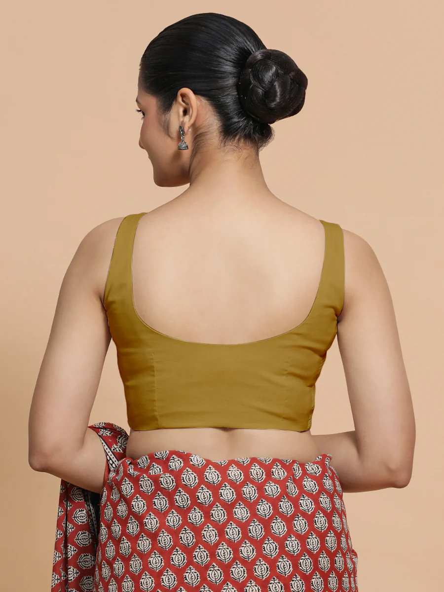Mohini x Rozaana | Round Neck Khaki Plain Cotton Saree Blouse - Image 2