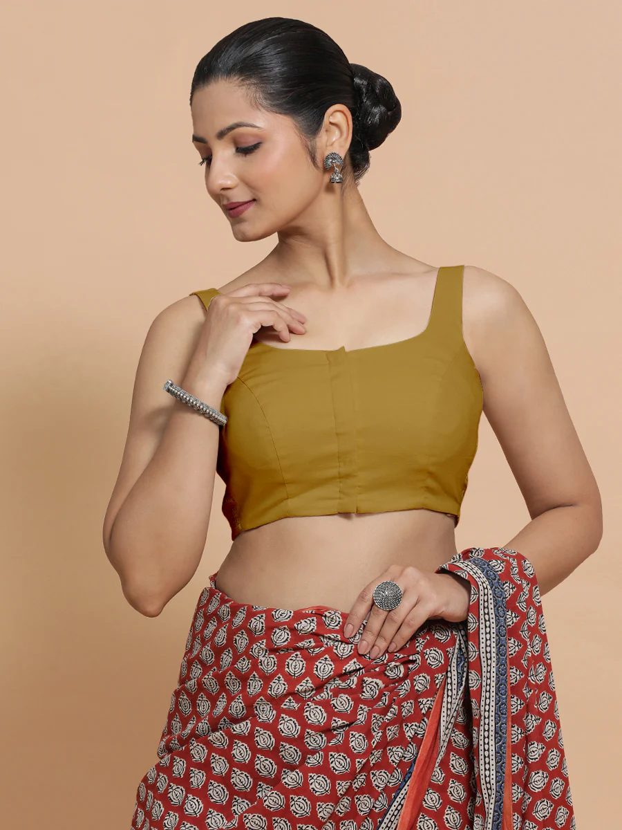 Mohini x Rozaana | Round Neck Khaki Plain Cotton Saree Blouse - Image 7