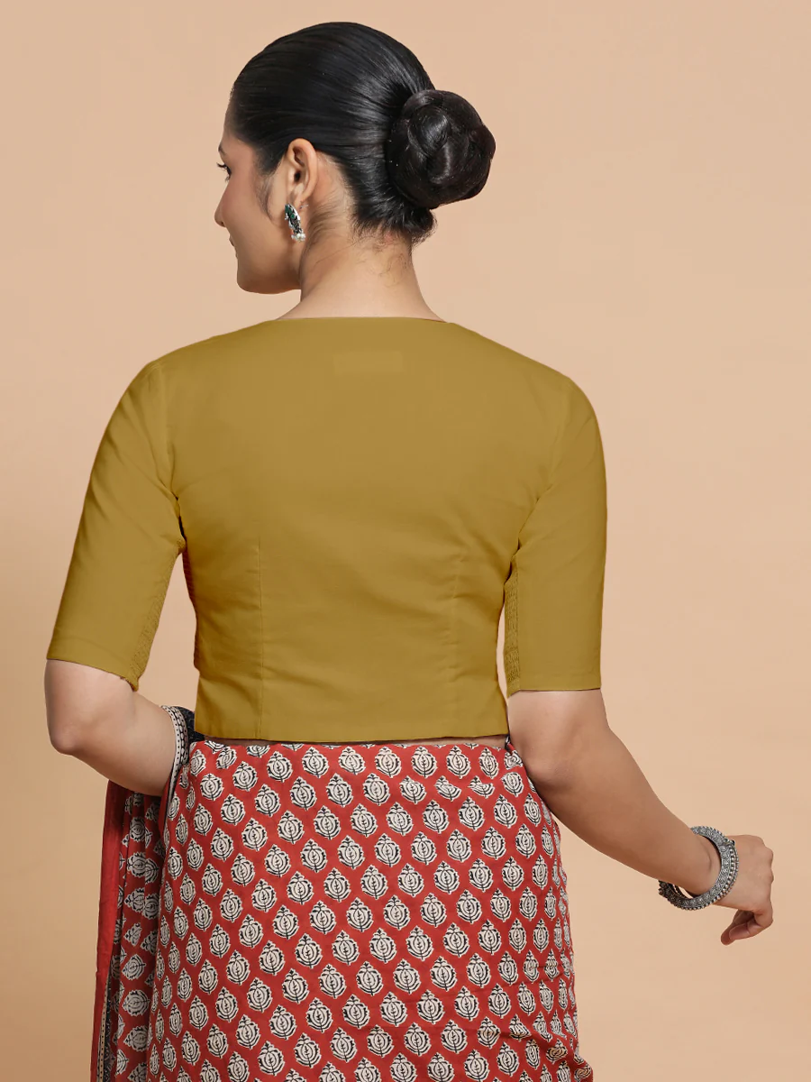 Tejasvi x Rozaana | Round Neck Khaki Plain Cotton Saree Blouse - Image 2