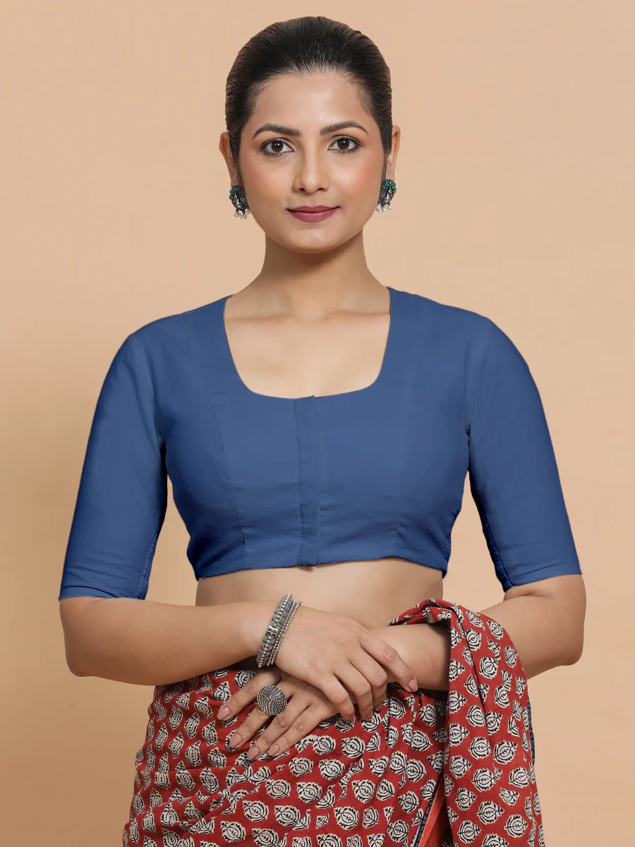 Koel x Rozaana | Elbow Sleeves Saree Blouse in Lapis Blue Plain Cotton
