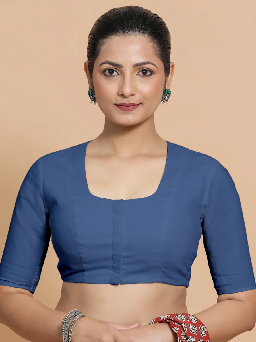 Koel x Rozaana | Elbow Sleeves Saree Blouse in Lapis Blue Plain Cotton - Image 5